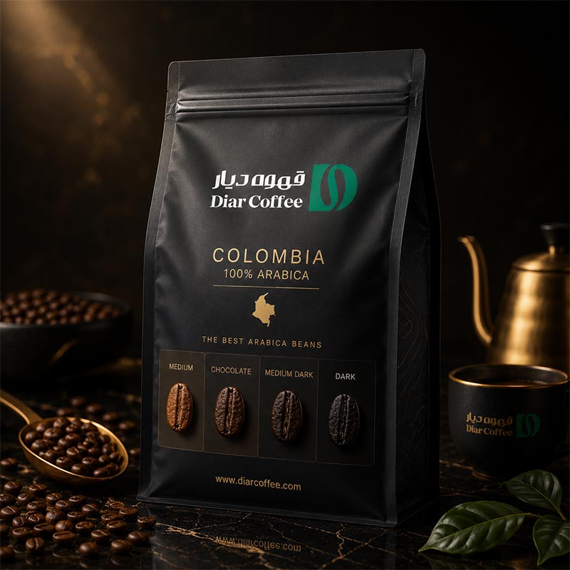 دانه قهوه عربیکا کلمبیا Diar Coffee در بسته‌بندی باکس پوچ زیپی مشکی لوکس با چهار رست مختلف مدیوم شکلاتی مدیوم دارک و دارک 100% Arabica Colombia Coffee Beans Premium Quality Diar Coffee